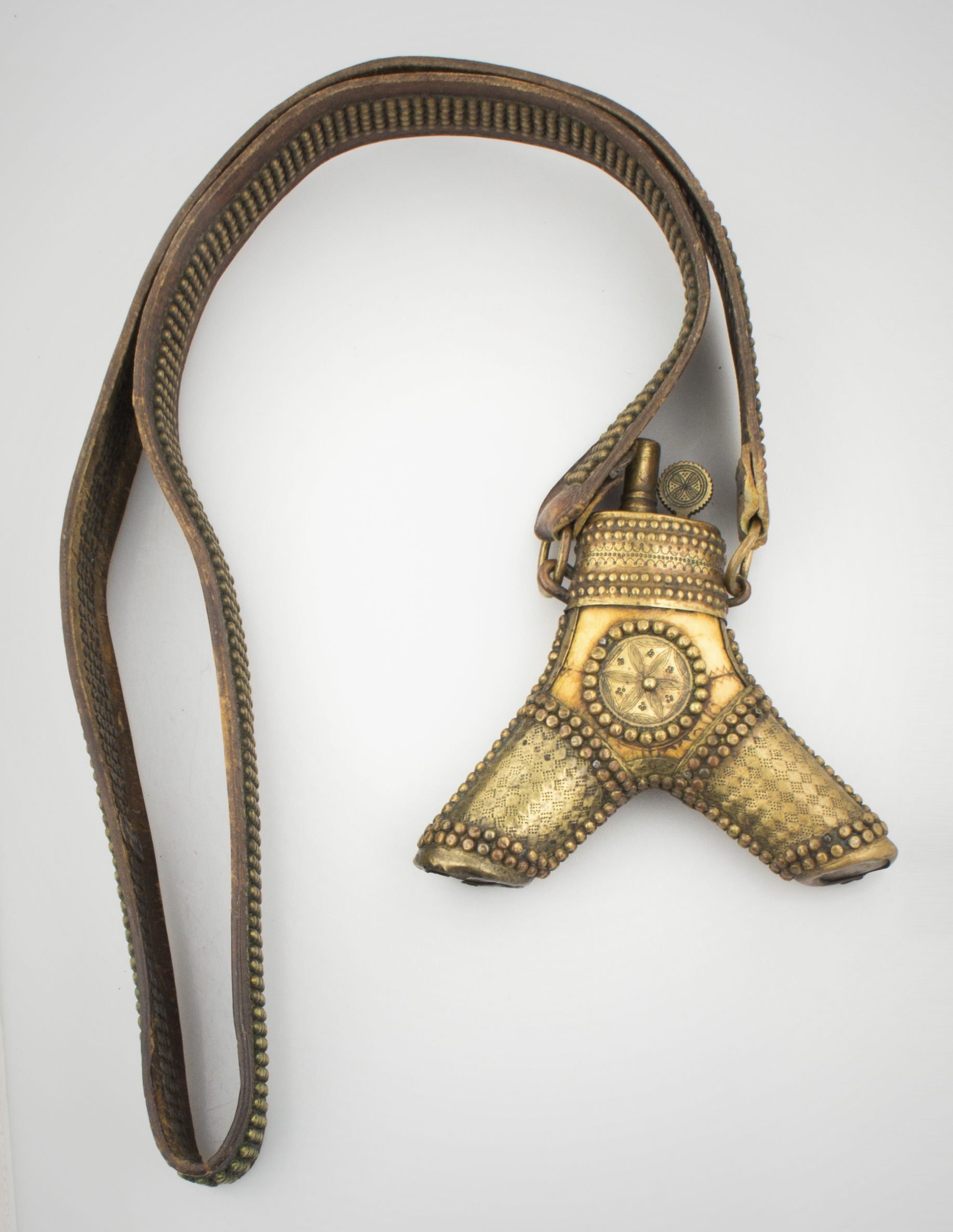 Antique Gunpowder Flask, Brass and Tack Mounted, Incised Bone, Image 1